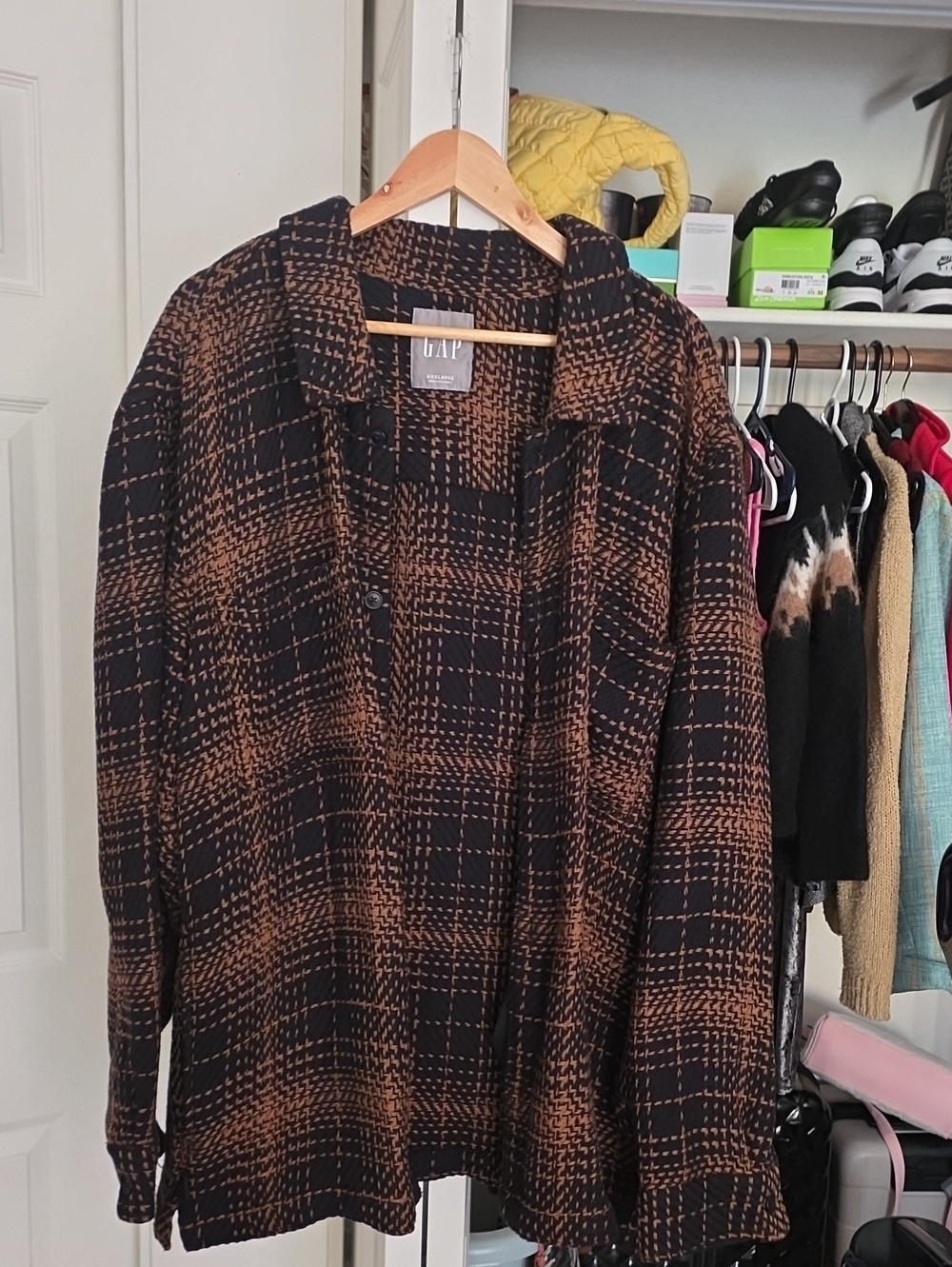 GAP Black and Rust Plaid Button-Up Shacket
